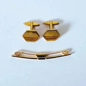 Vintage Tie Bar Cuff Links Set Gold Tone